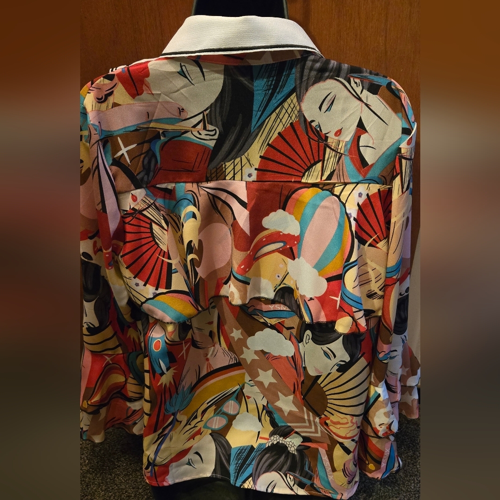HOST PICK! ๐Qing Pinz GORGEOUS embroidered ruffle colorful art top szM - Picture 7 of 10
